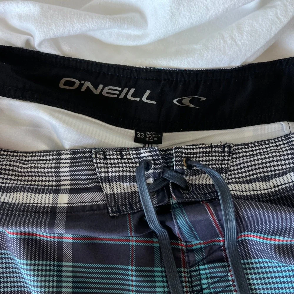 O'Neill Mens Santa Cruz Plaid Board Shorts Size 33 Navy Blue Teal Red 11